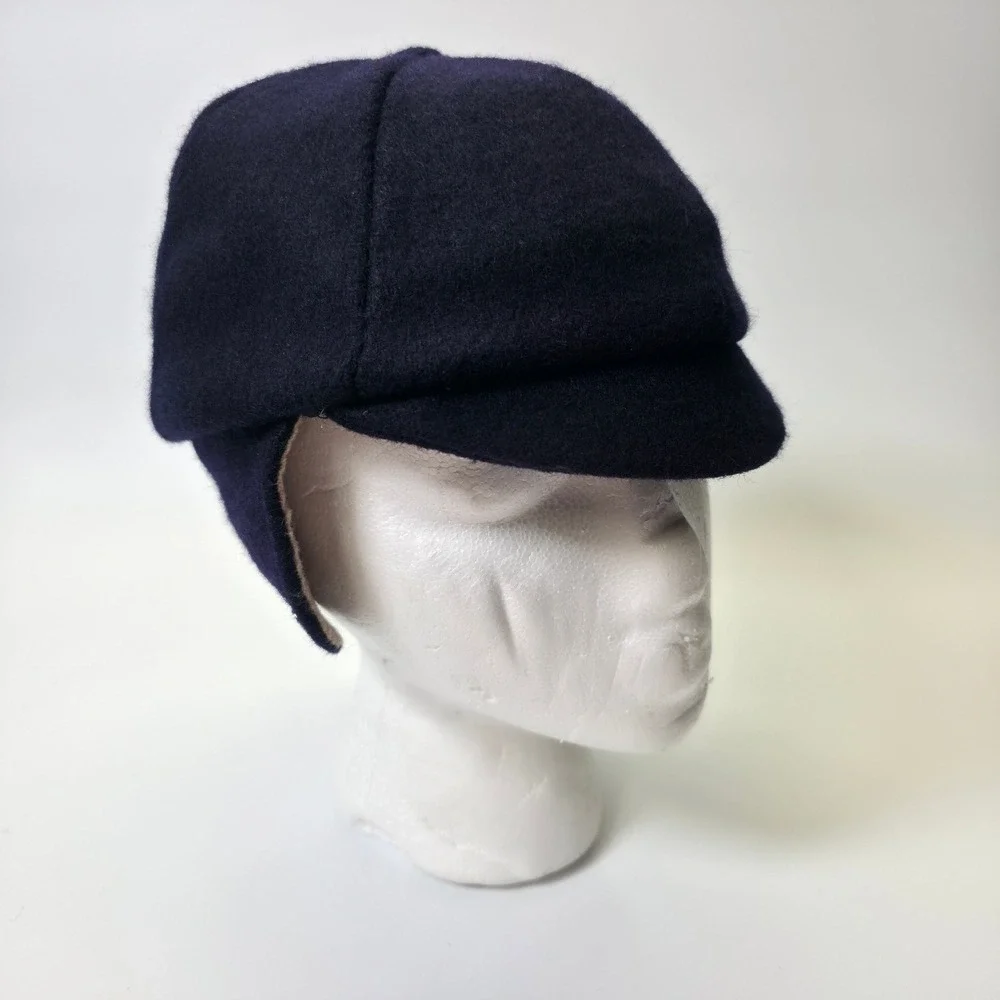 Vintage Boys Winter Hat Blue Wool Quilted Lining Ear Flap Cap Classic Warm Retro